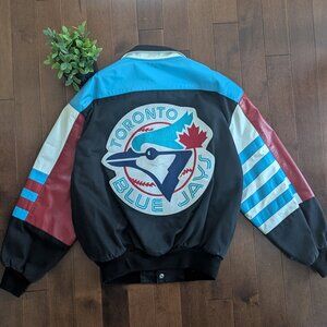 TORONTO BLUE JAYS JEFF HAMILTON BIG LOGO LEATHER VARSITY JACKET